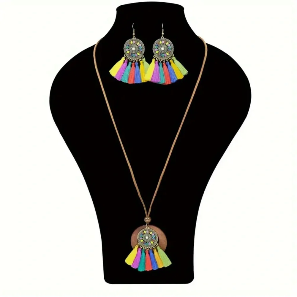 932 ❤️ 3 Pc Bohemian Ethnic Tassel Necklace Earring Jewelry Boho Set - Picture 7 of 8
